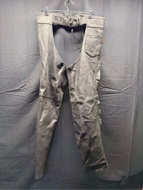 Men's interstate leather Black Leather Chaps Protective Riding Pants sz L (6au)